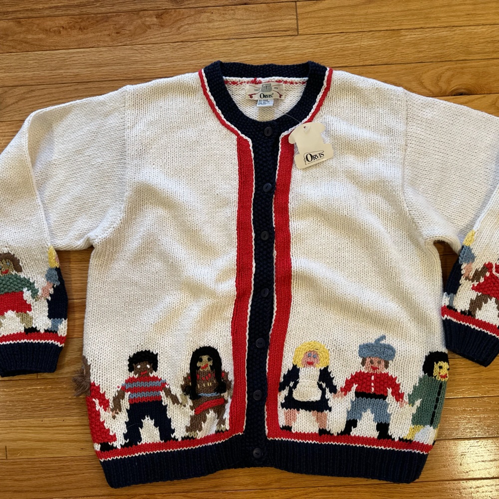 Orvis White Knit Cardigan Sweater with Multicolor Folk Doll Border